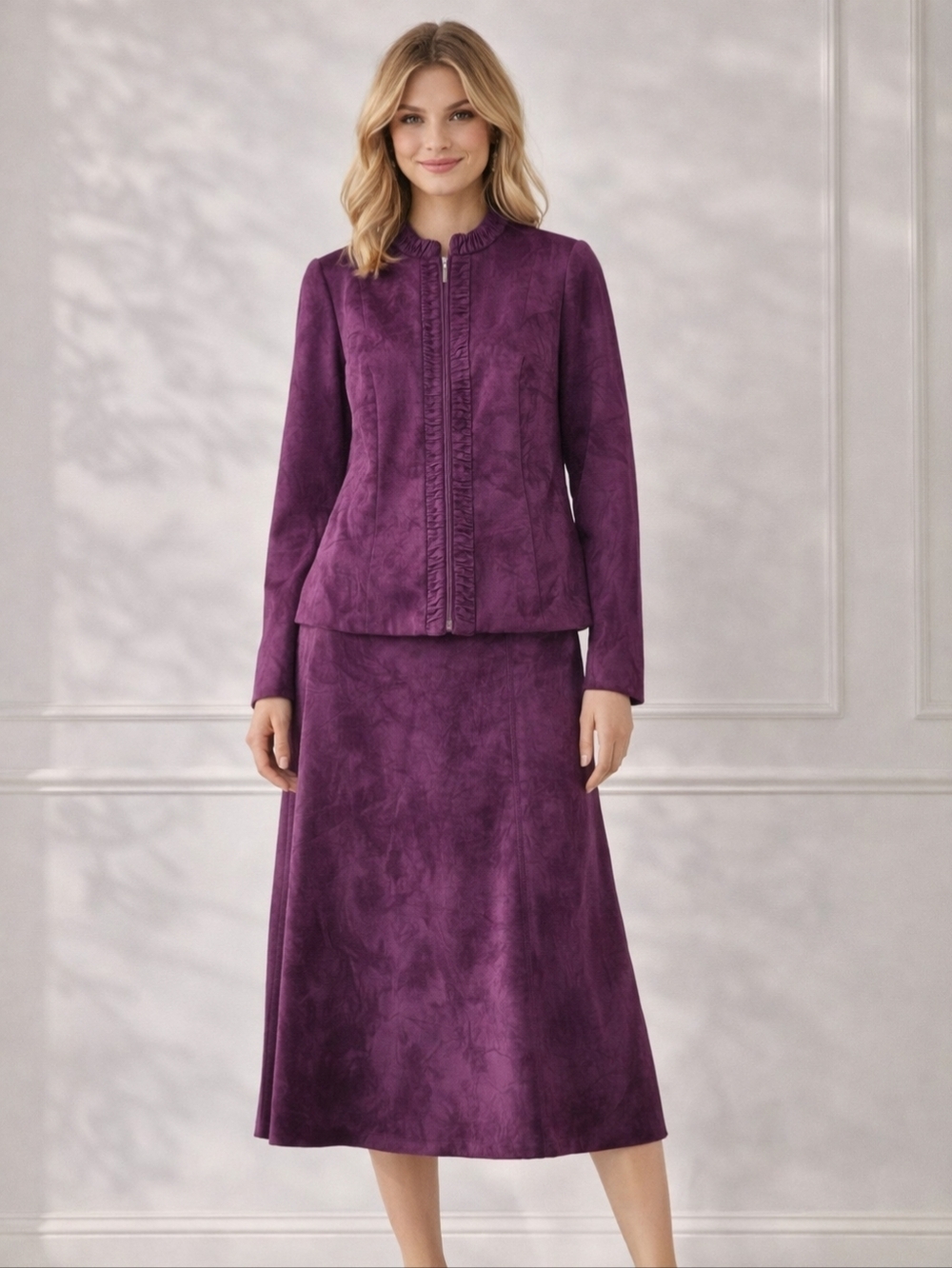 TanJay 2 Piece Skirt Suit Set Plum Crushed Velvet Look Ruched Jacket Size 18